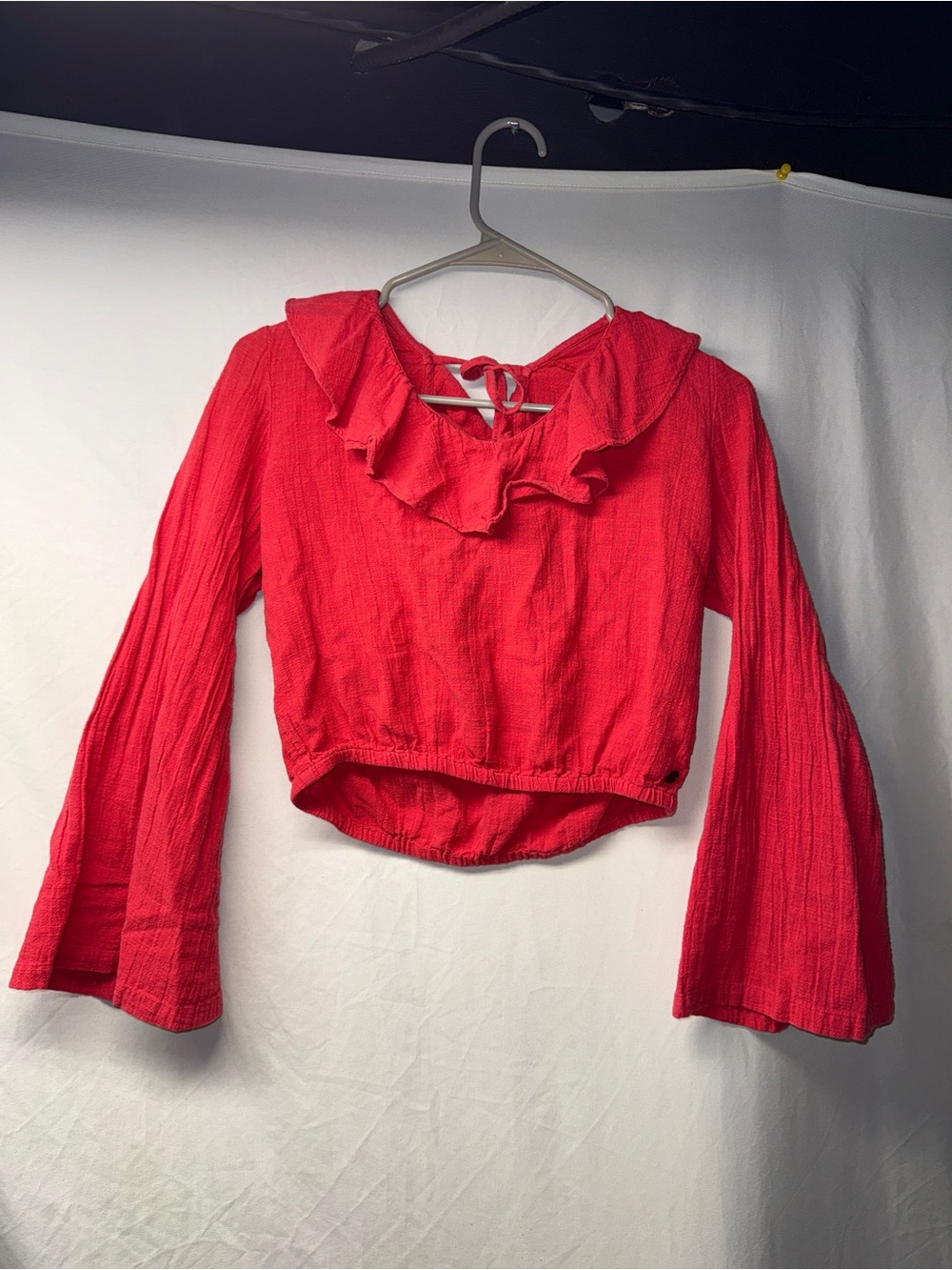 Roxy Red Ruffled Tie-Back Crop Top with Bell Sleeves